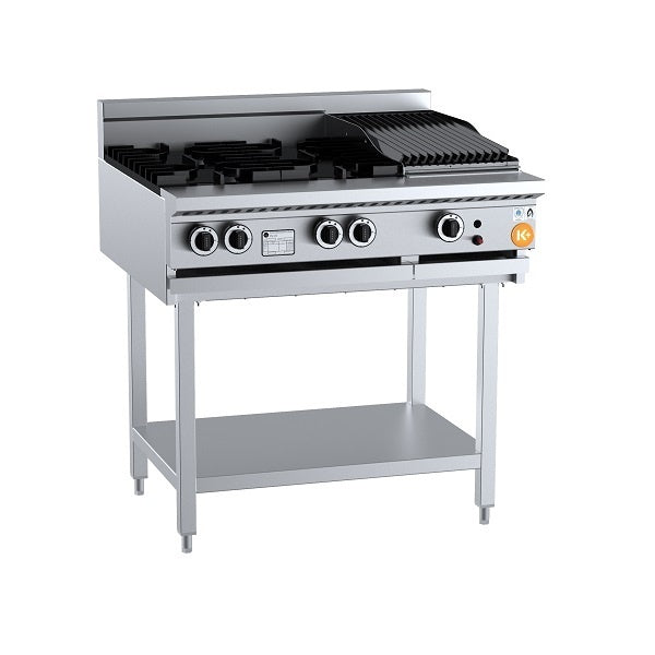 K+ KBT-SB4-CBR3 Gas Combination Four Open Burners & 300mm Char Broiler On Leg Stand Mattys