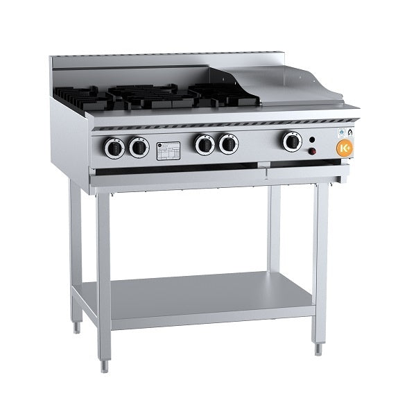 K+ KBT-SB4-GRP3 Gas Combination Four Open Burners & 300mm Grill Plate On Leg Stand Mattys