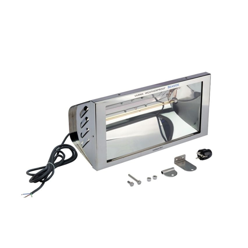 Varmatec SEASIDE Single Infrared Wall-Mounted Stainless Steel Heater with Corrosion-Resistant Waterproof Design and On/Off Switch Controls