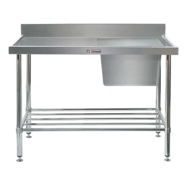 Simply Stainless Ss05.1200R Single Sink Bench With Splashback And Right Hand Bowl (600 Series) - 1200Mm Mattys