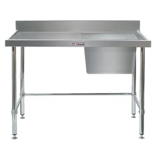Benches Simply Stainless Ss05.1200R Lb Single Sink Bench With Splashback, Right Hand Bowl And Leg Brace (600 Series) - 1200Mm - SS05.1200R LB Simply Stainless