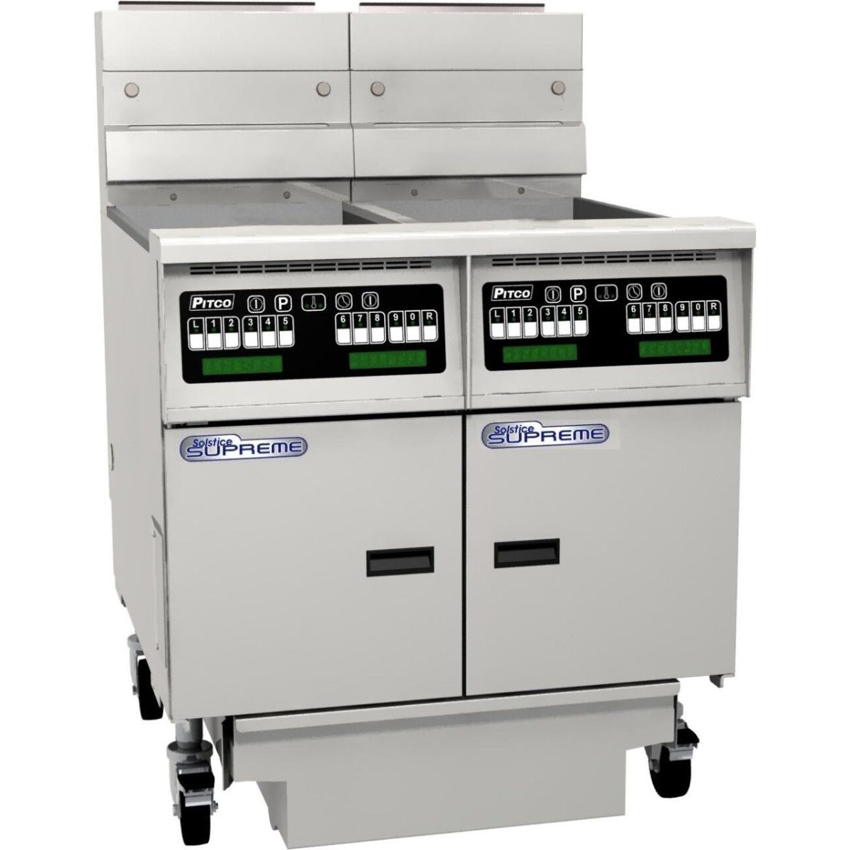 Pitco Solstice SSH55-C/FD/FF Supreme Fryers Computer Controlled Filter Drawer on Casters and Double Fryer Bank Mattys