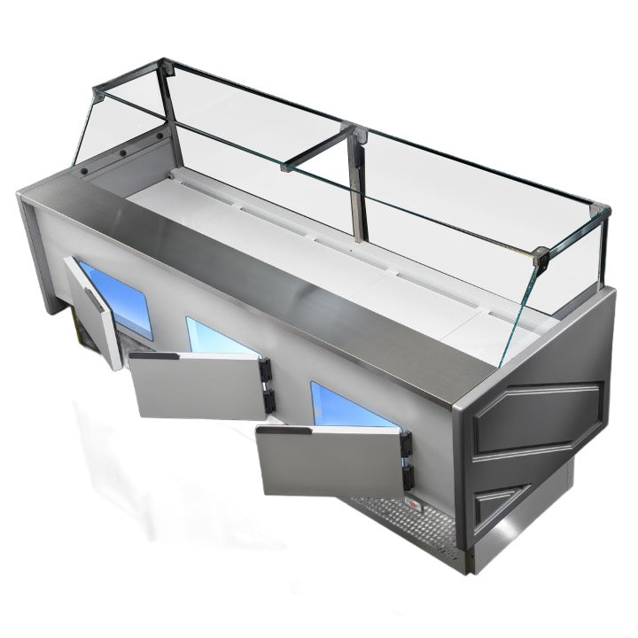 Tecnodom Serie MR9.5 Silver 2480mm Wide Deli Display with Storage and Castors TDMR-0925 Tecnodom